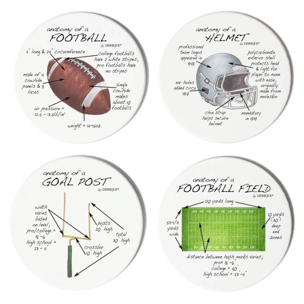 Four round white coasters featuring hand-drawn educational diagrams of a football, helmet, goal post, and football field with labels and measurements, arranged on a white background.