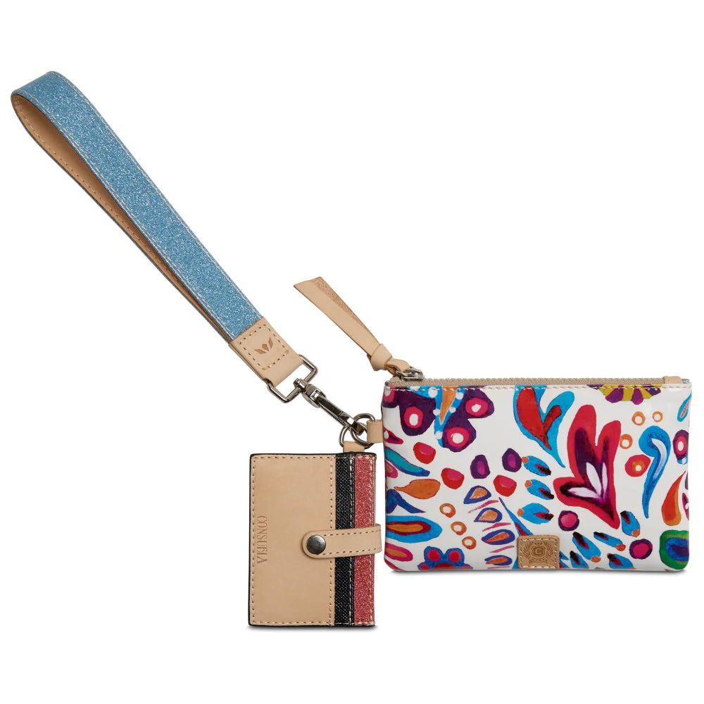 Colorful patterned wallet with strap and cardholder on a white background