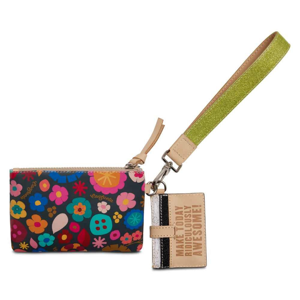 Colorful floral wallet with a keychain and pouch on a white background
