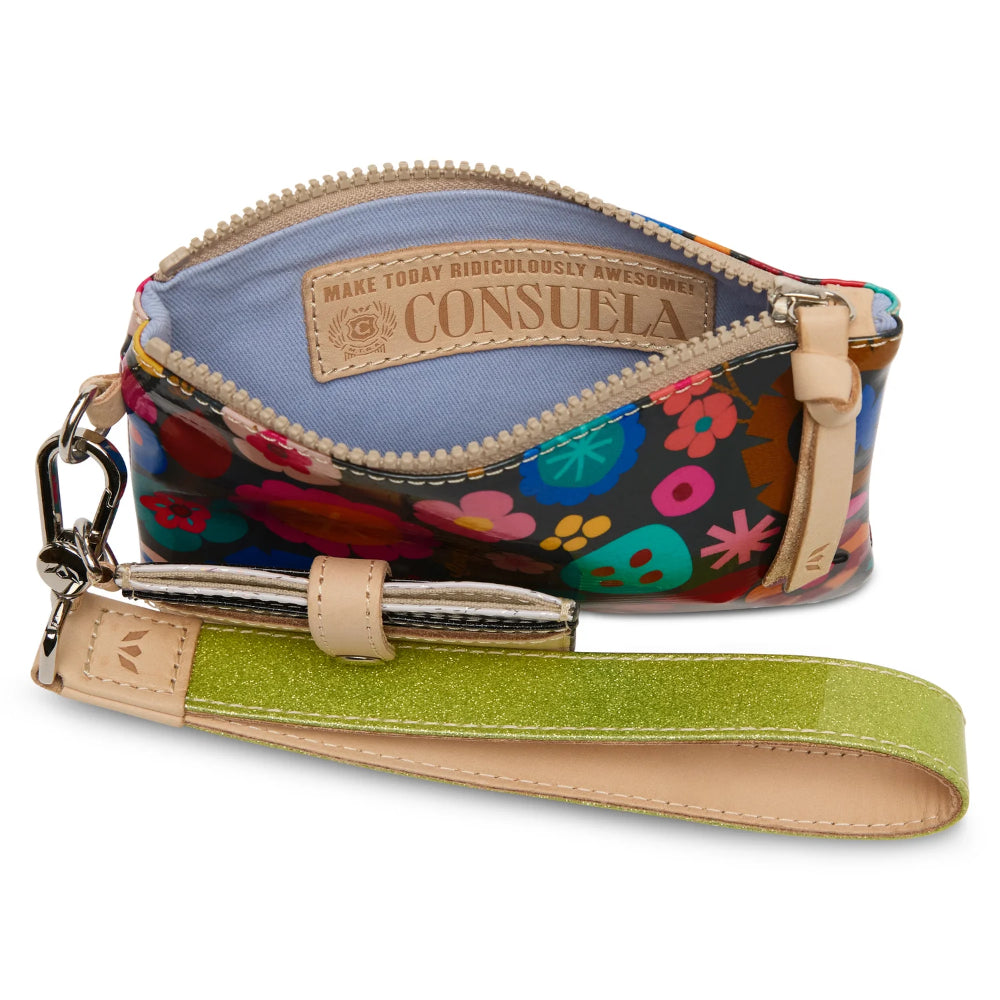 Colorful floral-patterned wallet with a green strap on a white background, featuring the Consuela brand.