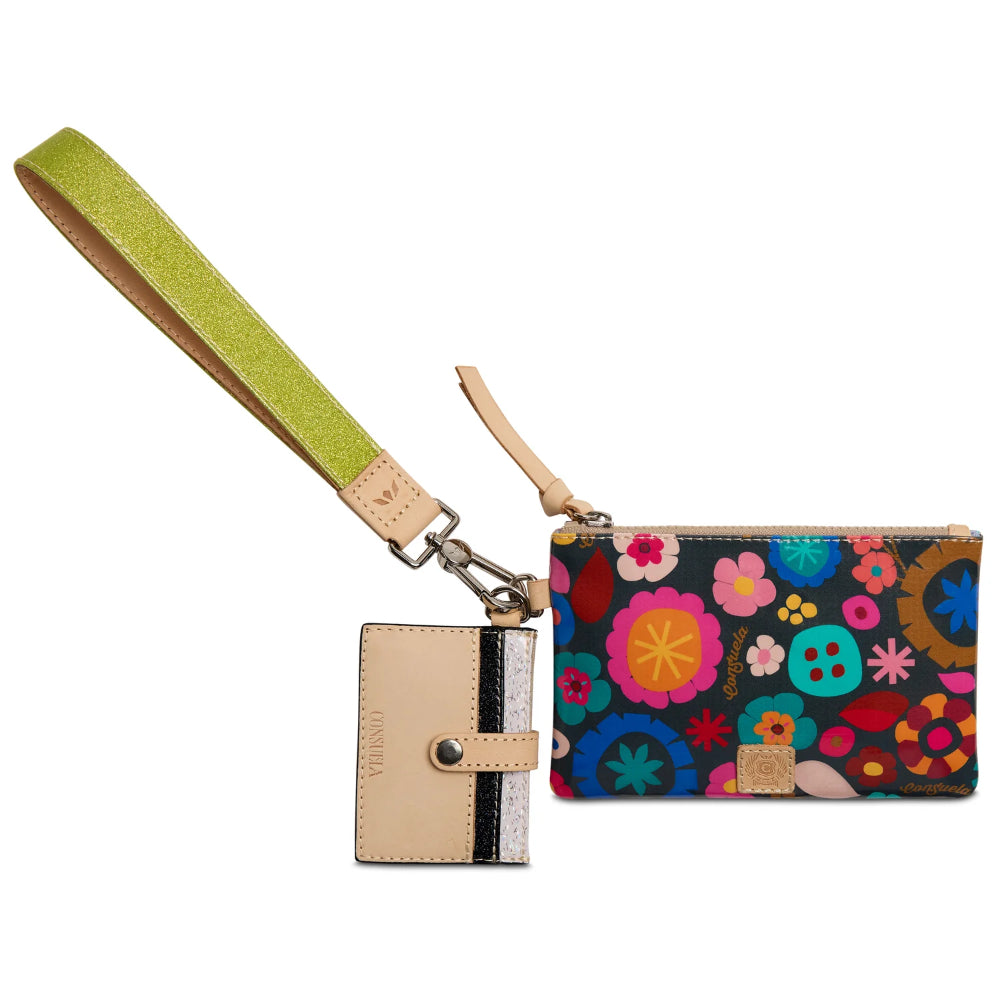Colorful floral-patterned wallet with a strap and smaller cardholder on a white background
