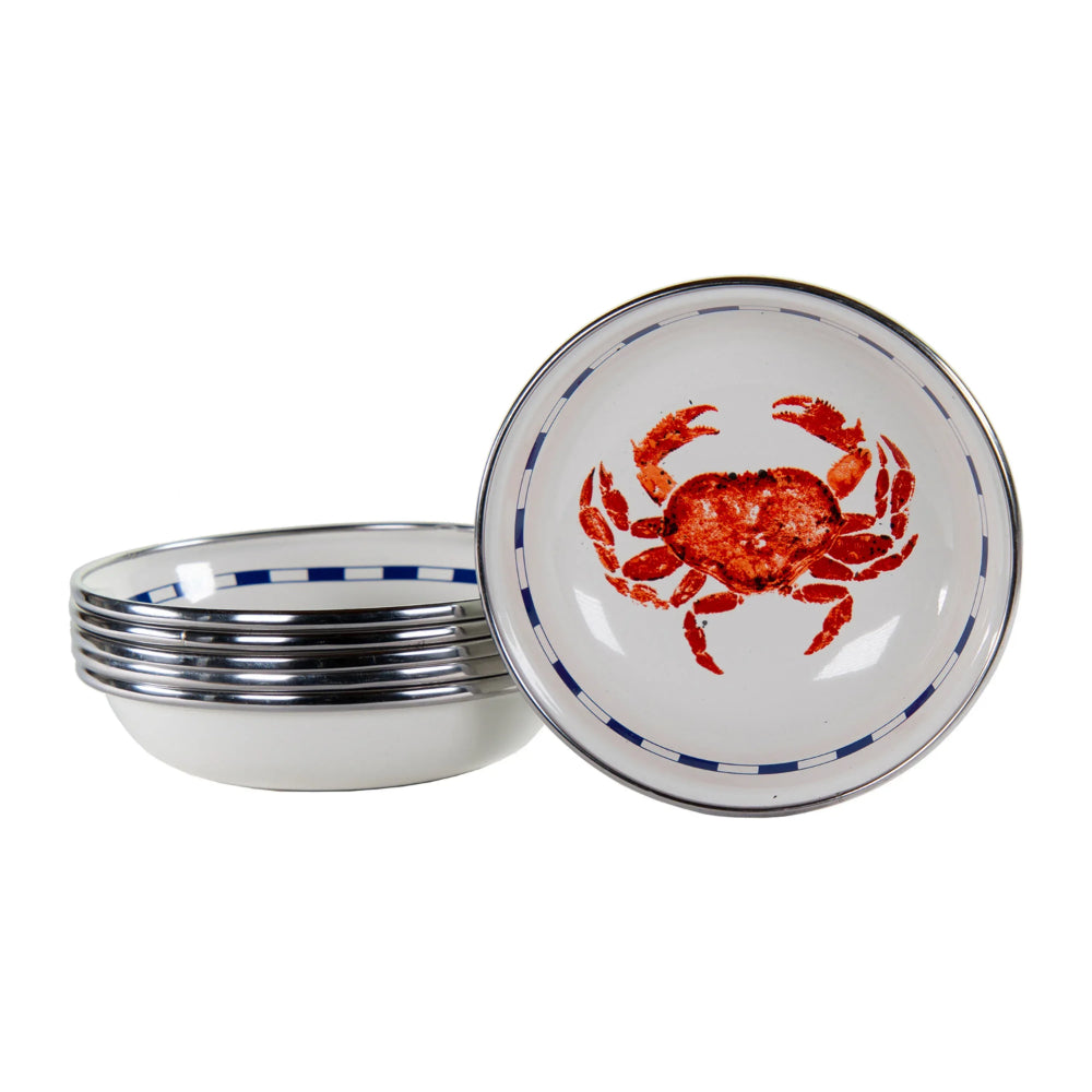 Set of white bowls with red crab design on a white background