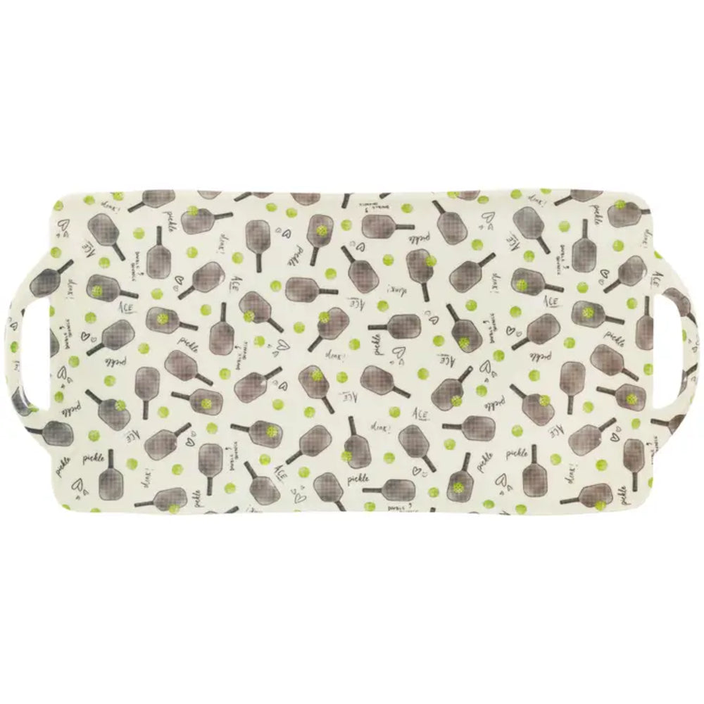 Rectangular tray with pickleball paddle pattern on a white background