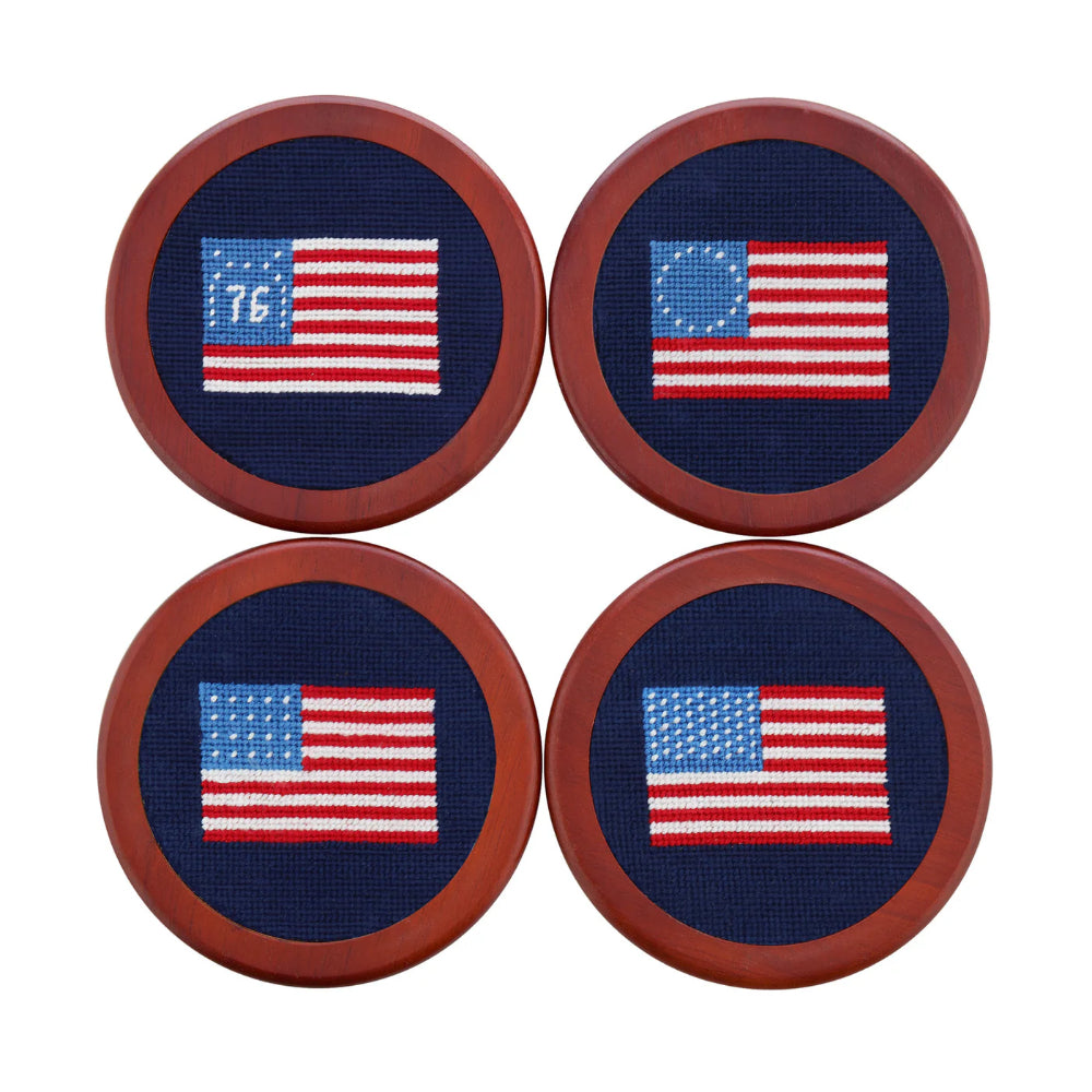 Four round coasters with American flags on a white background. Set of 4 coasters. 