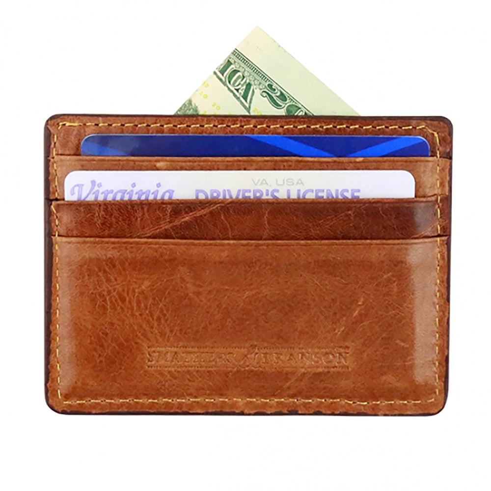 Brown leather wallet with cards and money on a white background