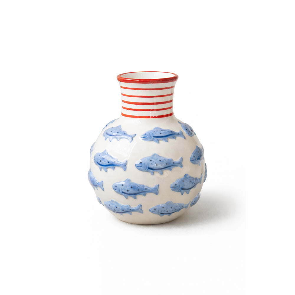 Vase with blue fish pattern and red striped neck on a white background