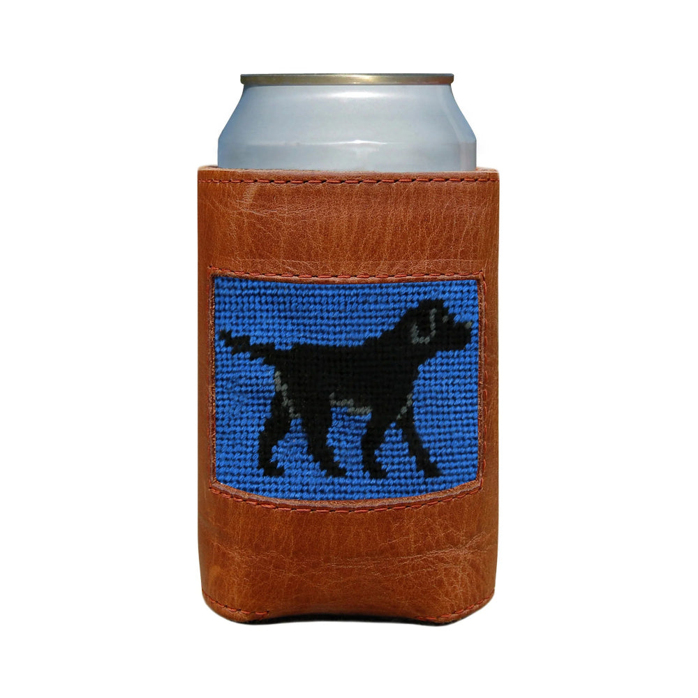 Can cooler with brown leather wrap and blue panel featuring a black dog silhouette on a white background