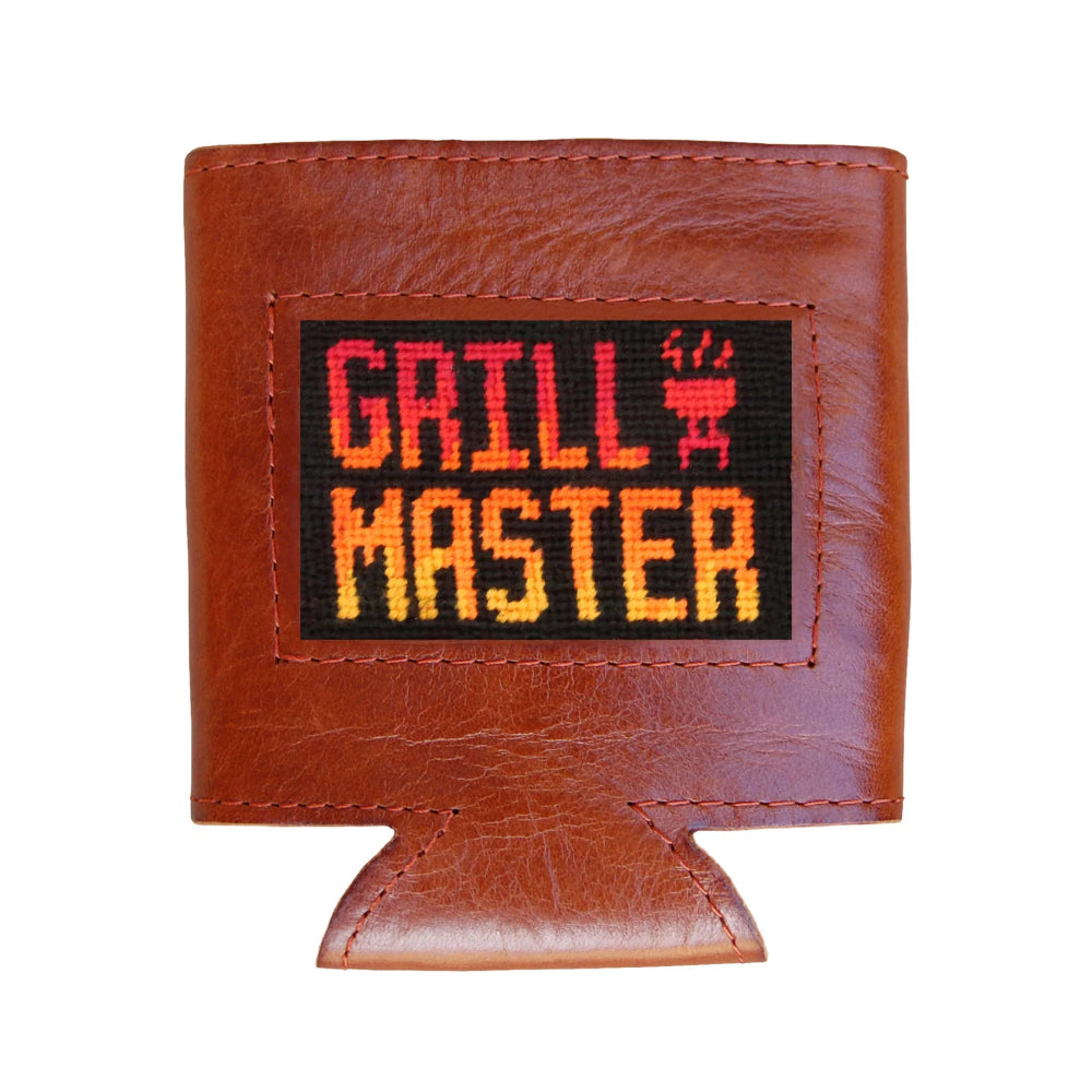 Brown leather can cooler with 'Grill Master' text on a white background