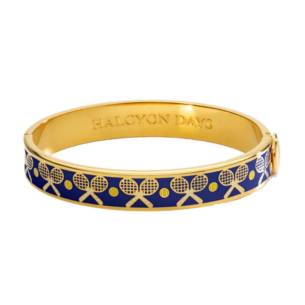 Halcyon Days 1cm Tennis Racket & Ball Gold Hinged Enamel Bangle