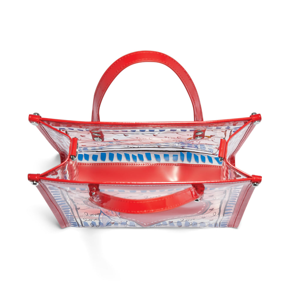 Clear handbag with red trim and interior pattern on a white background.