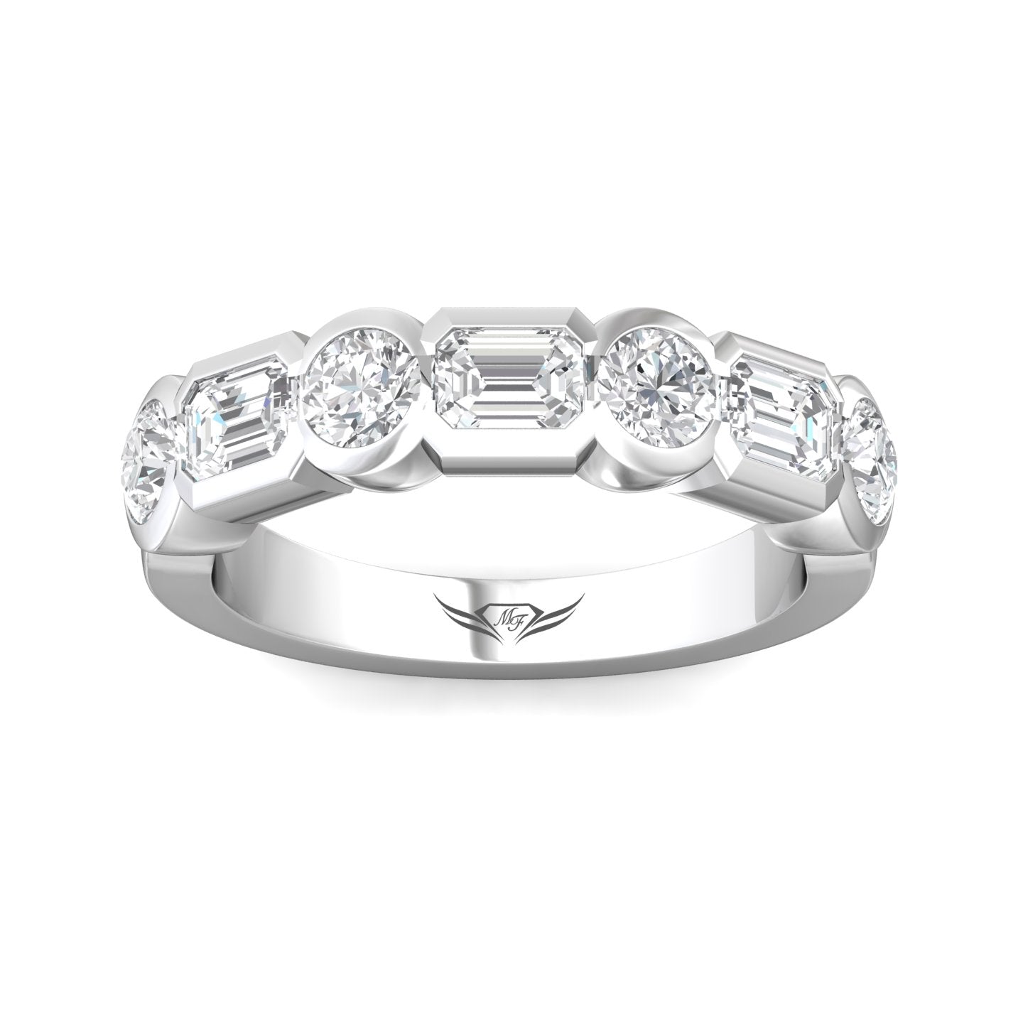 A silver diamond eternity ring featuring a row of round brilliant-cut and baguette-cut diamonds set in a polished silver band, shown on a clean white background.