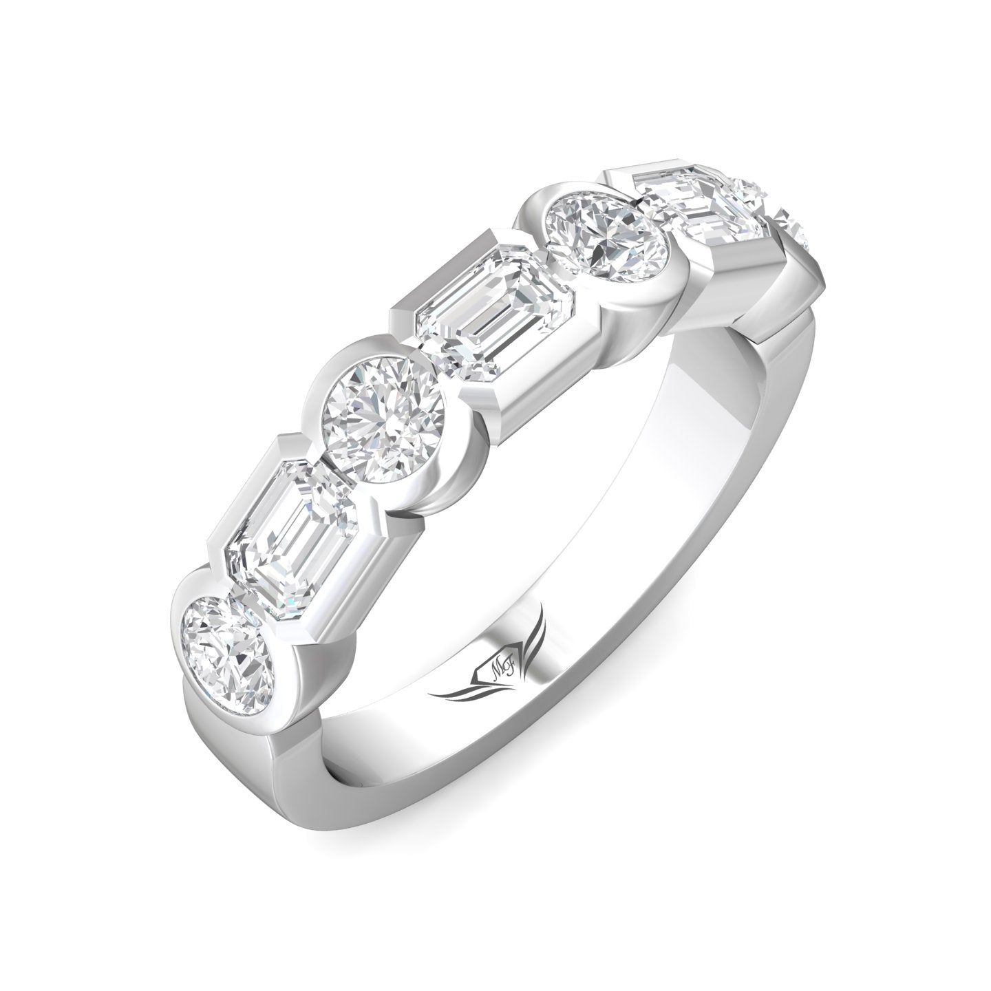 A silver-toned diamond band ring featuring a row of baguette and round-cut diamonds, shown on a clean white background.