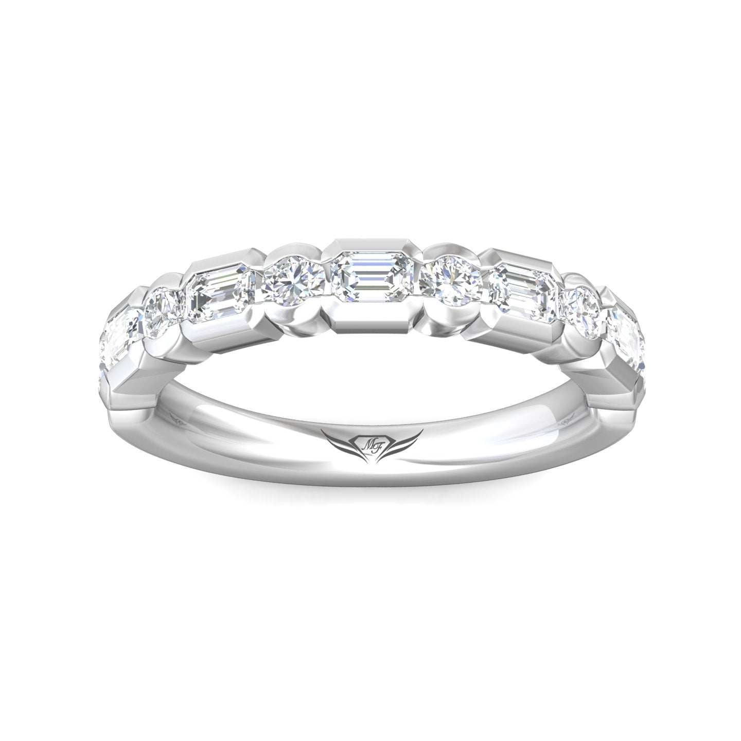 A silver-colored diamond eternity ring featuring a row of baguette and round-cut diamonds set in a polished band, shown on a clean white background.