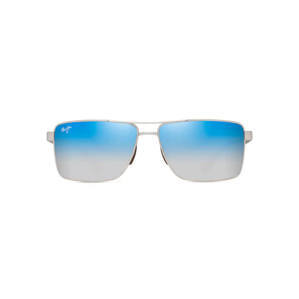 A pair of square aviator-style sunglasses with a silver metal frame and mirrored lenses featuring a blue-to-silver gradient, shown against a plain white background.