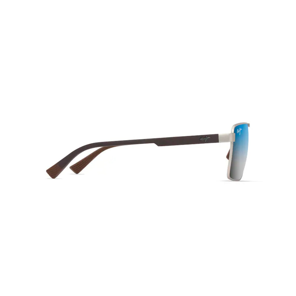A pair of square-frame sunglasses shown in side profile on a clean white background. The frames are dark brown with a silver metal bridge and temples, and the lenses feature a blue-to-silver gradient.