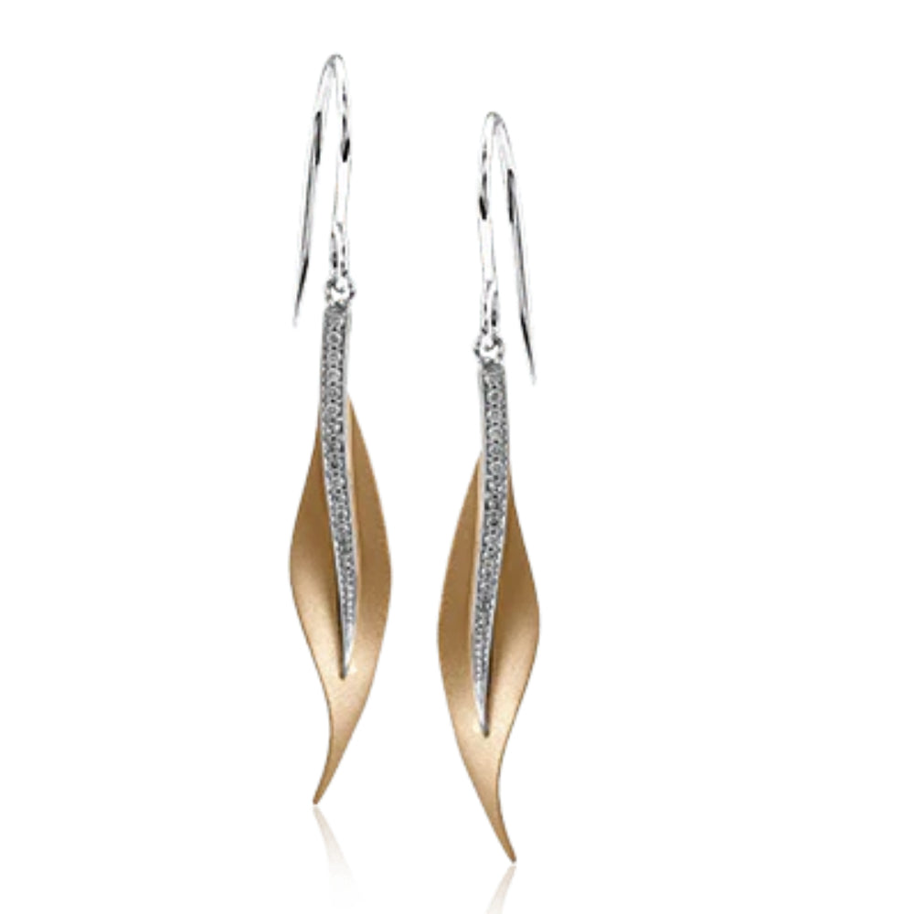 A pair of Simon G. 18k gold fallen leaves drop earrings, adorned with sparkling white diamonds, displayed against a white background.