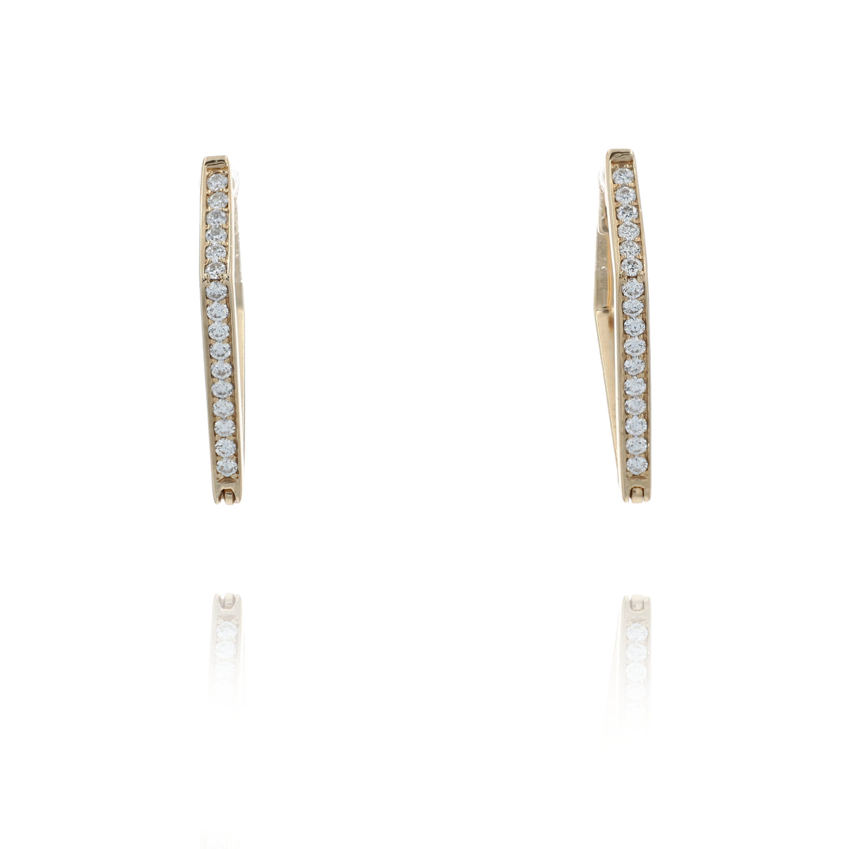 A pair of gold hoop earrings with a channel-set row of small clear stones, shown on a clean white background with a soft reflection below.