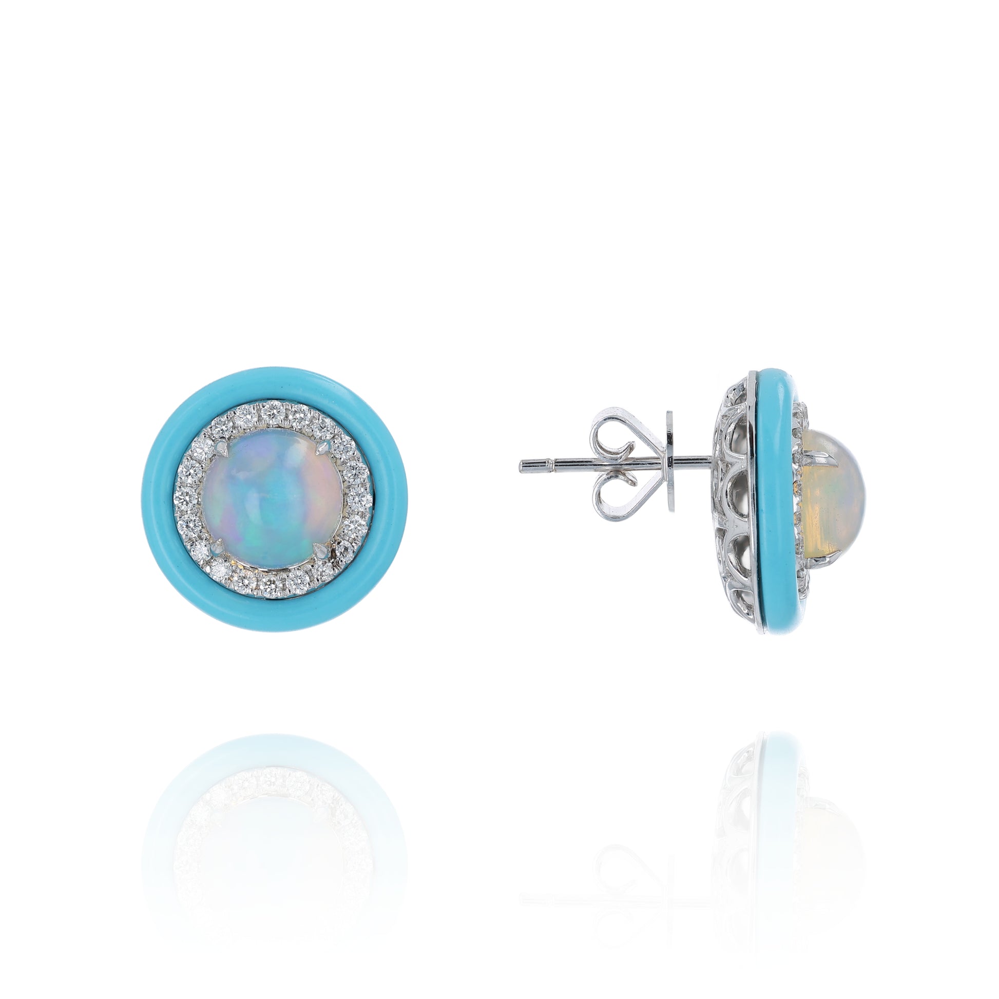 White gold opal and diamond halo stud earrings with round turquoise frames on a white background