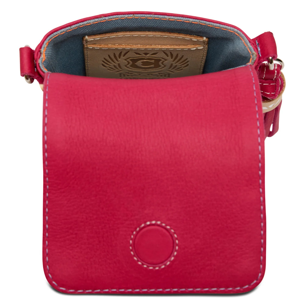 Red leather crossbody bag with visible brand logo on a white background