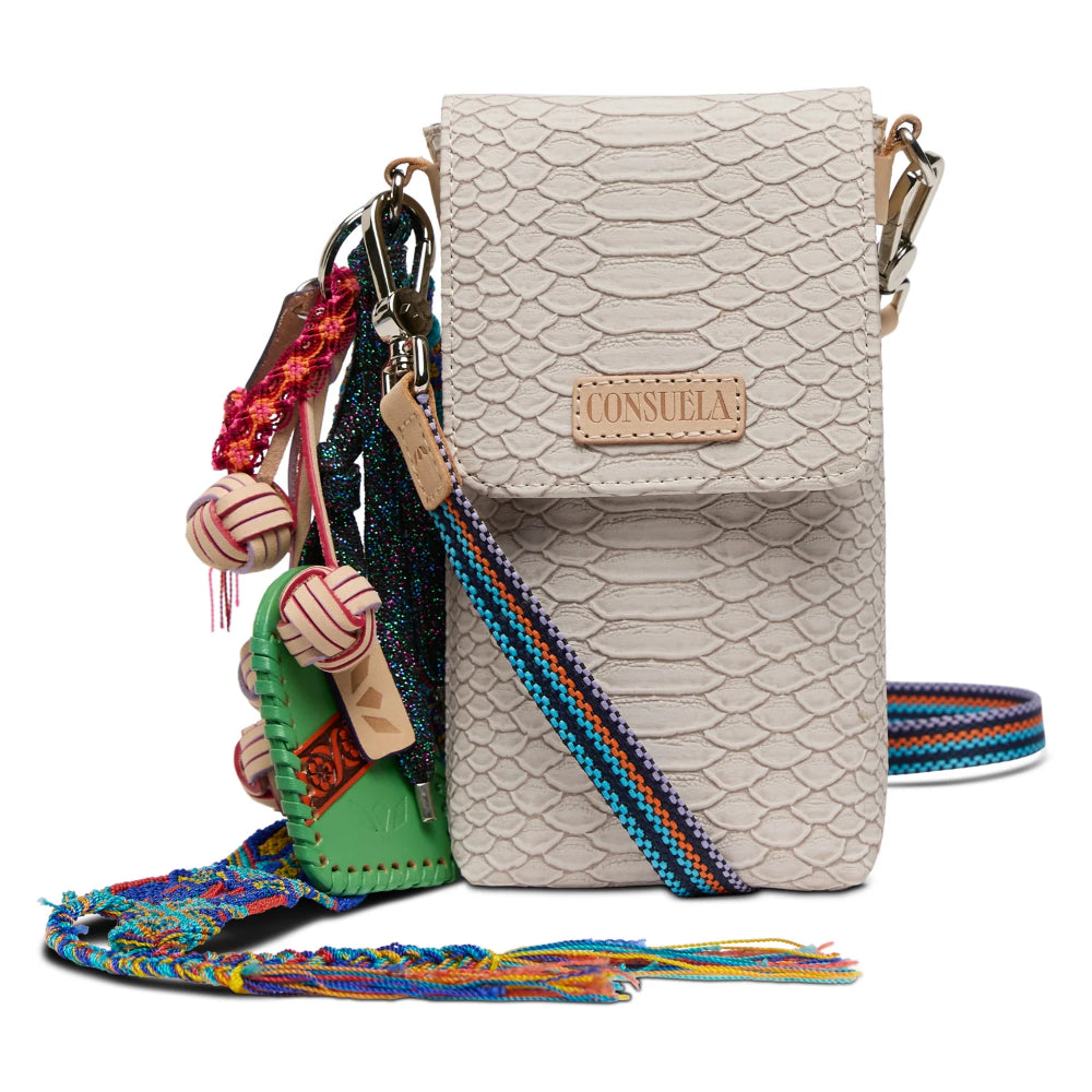 Beige textured phone pouch with colorful strap and keychain on a white background