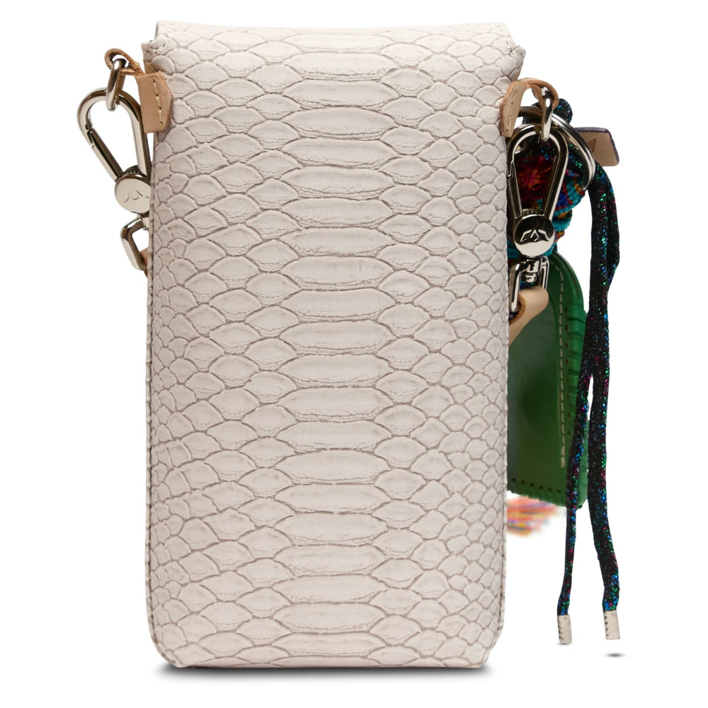 Beige textured pouch with keychain and strap on a white background