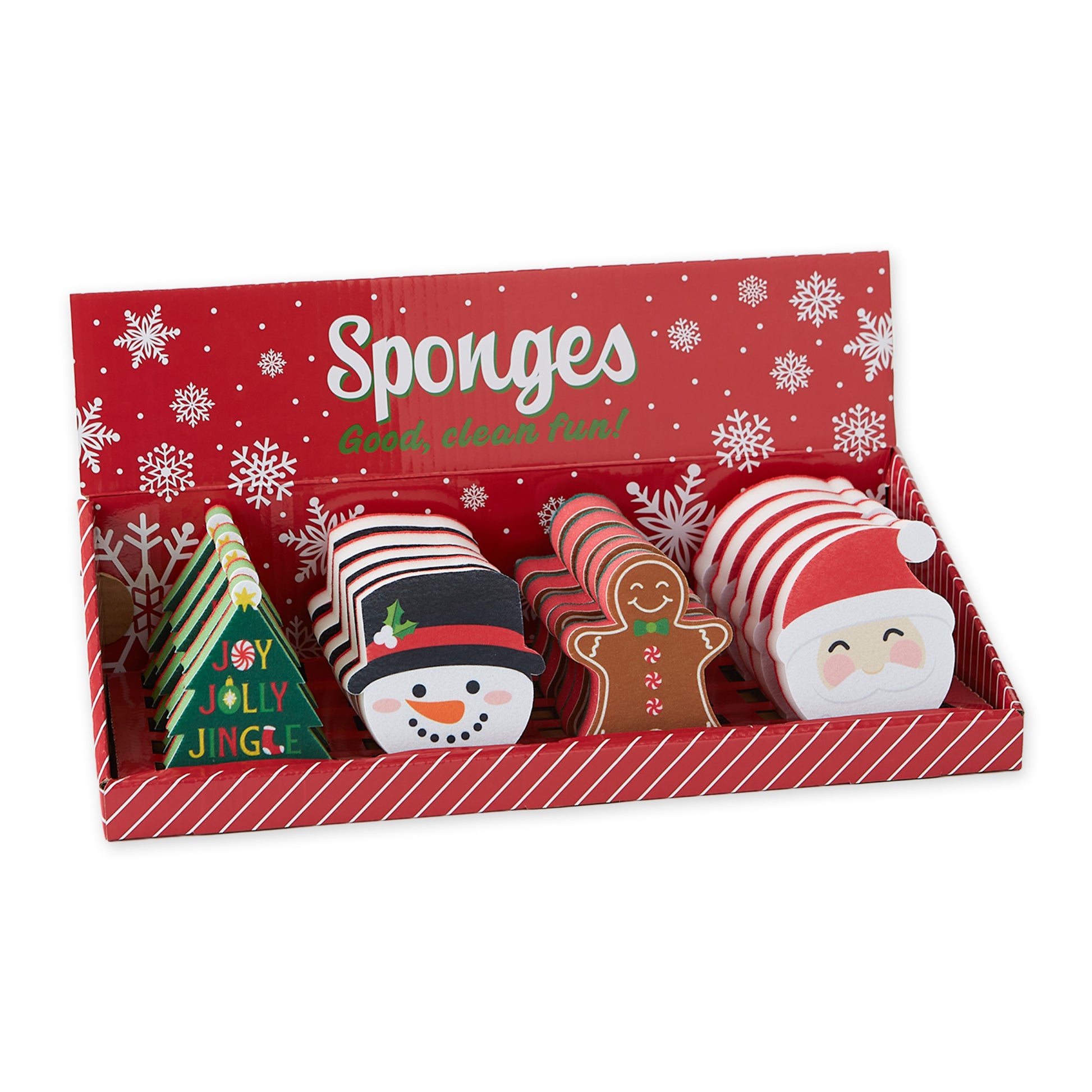 Set of Christmas-themed sponges in a decorative box with snowflake patterns.