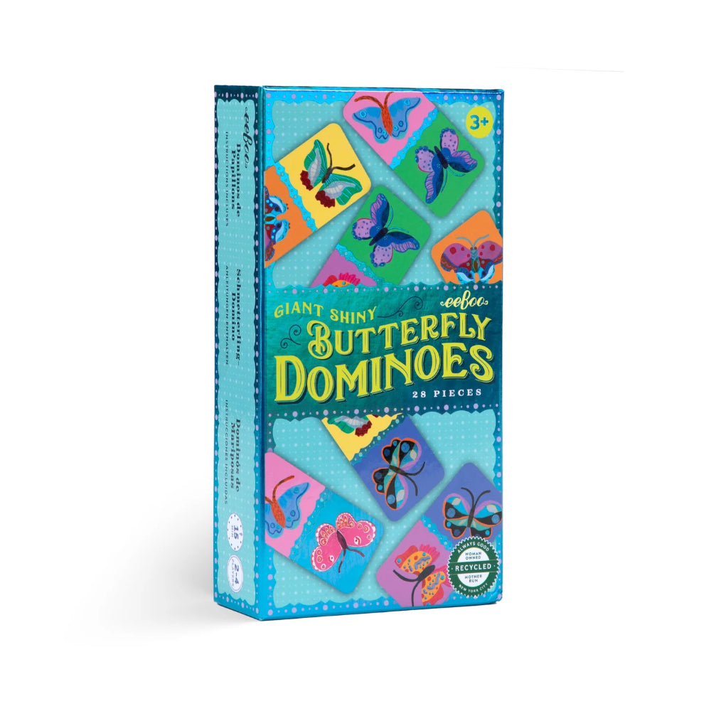 Box of butterfly dominoes with colorful butterfly designs on a white background