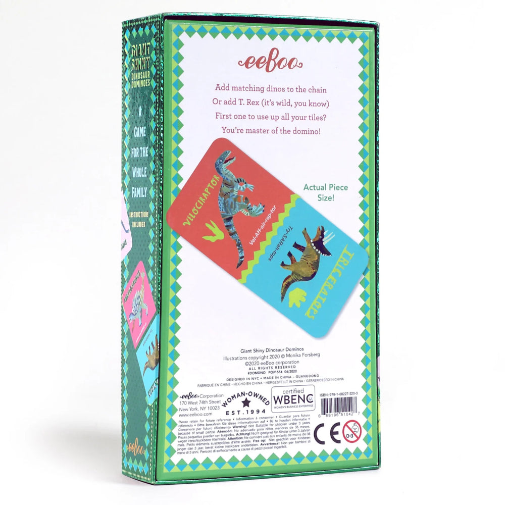 eeBoo dinosaur-themed game box with colorful graphics and text