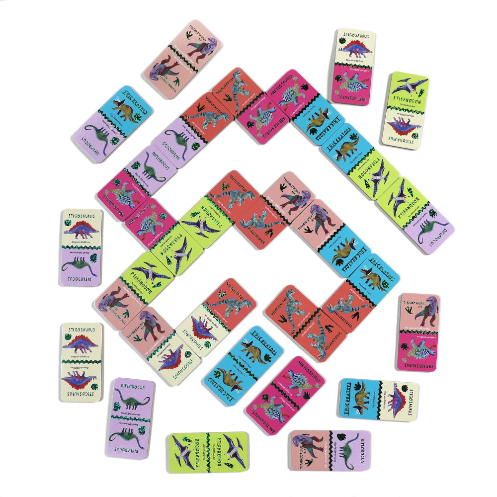 Colorful children's dominos with dinosaur illustrations on a white background