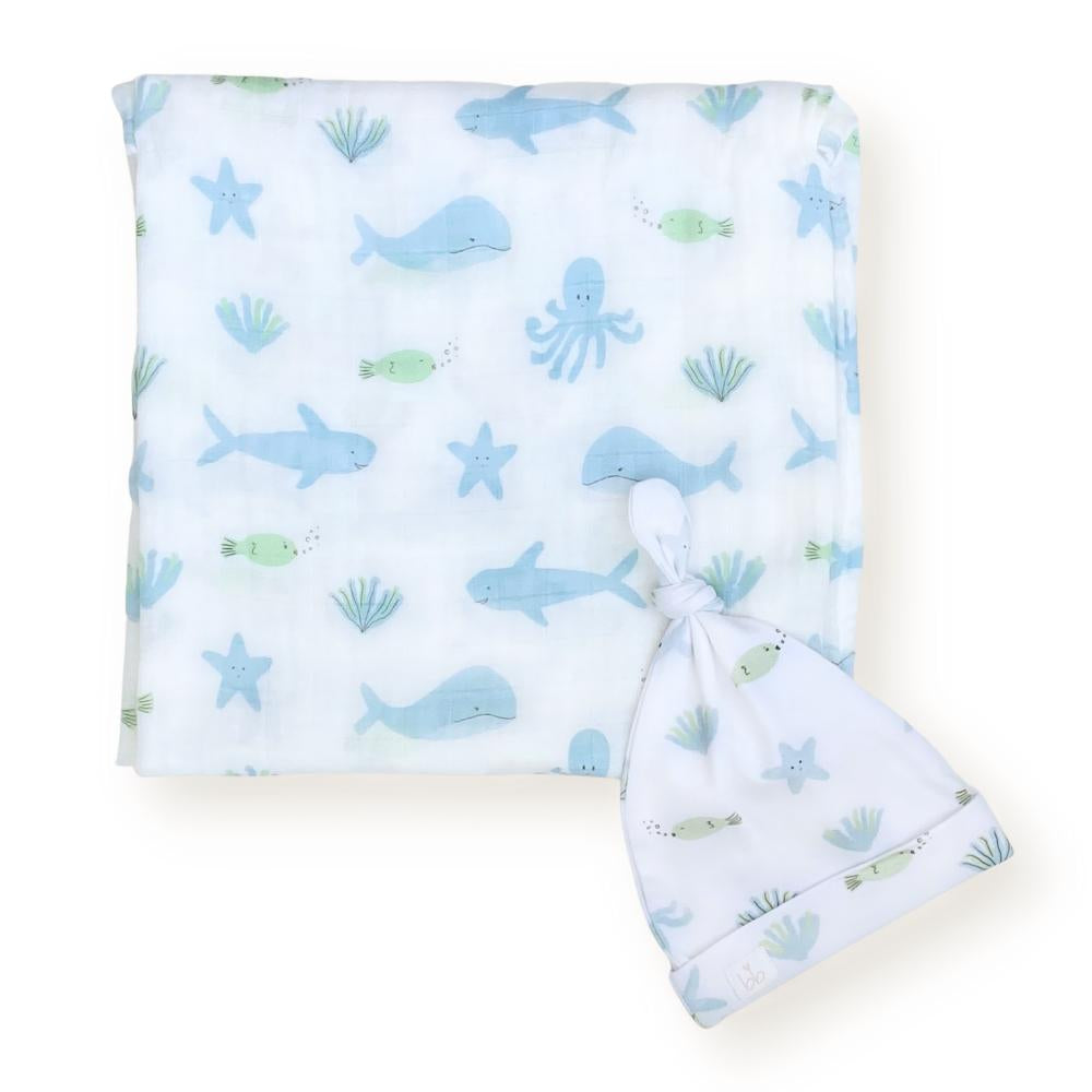 Dear Perli Bamboo Muslin Swaddle Blanket & Topknot Set - Under the Sea