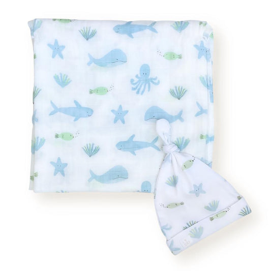 Dear Perli Bamboo Muslin Swaddle Blanket & Topknot Set - Under the Sea