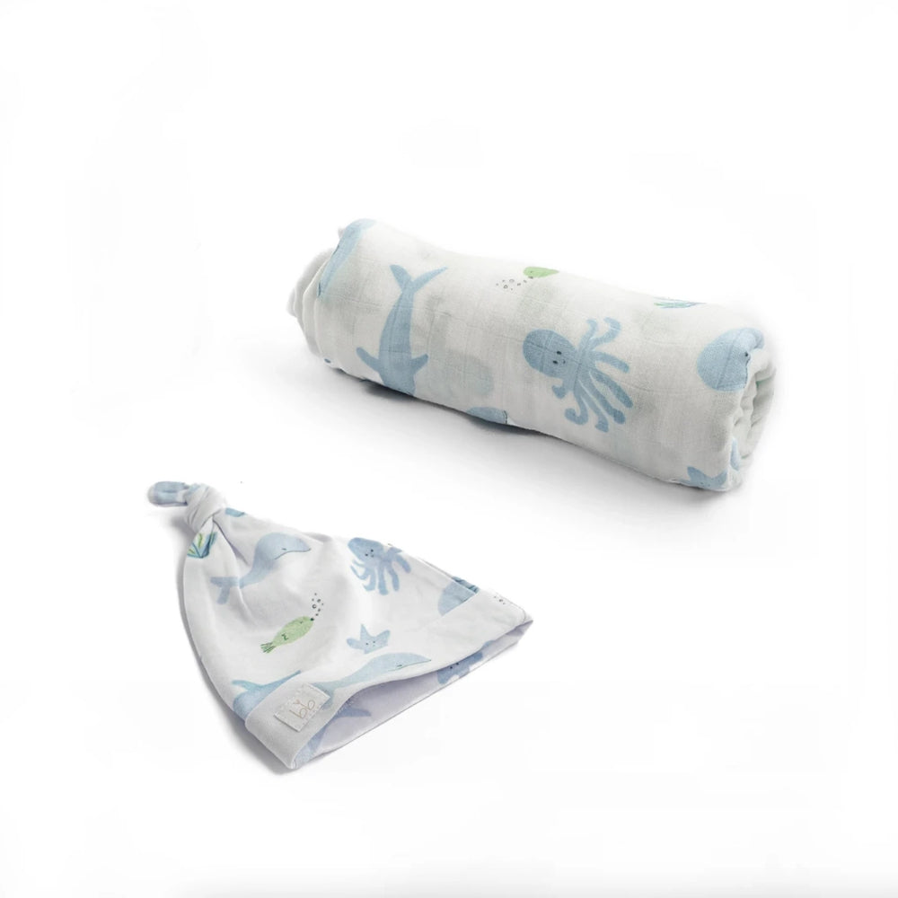 Dear Perli Bamboo Muslin Swaddle Blanket & Topknot Set - Under the Sea