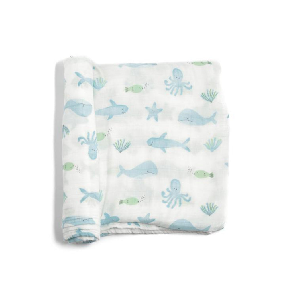 Dear Perli Bamboo Muslin Swaddle Blanket & Topknot Set - Under the Sea