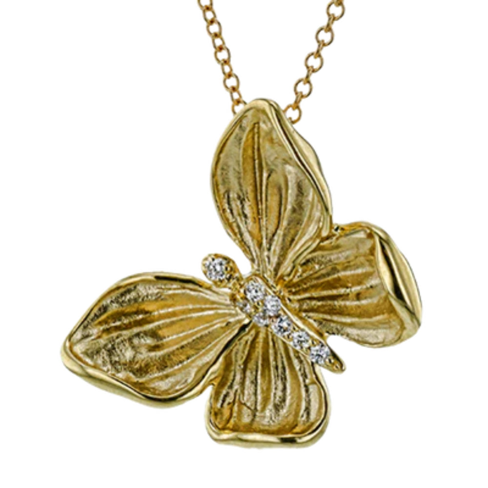 An 18k yellow gold pendant necklace featuring a monarch butterfly design with white diamonds, on a chain.