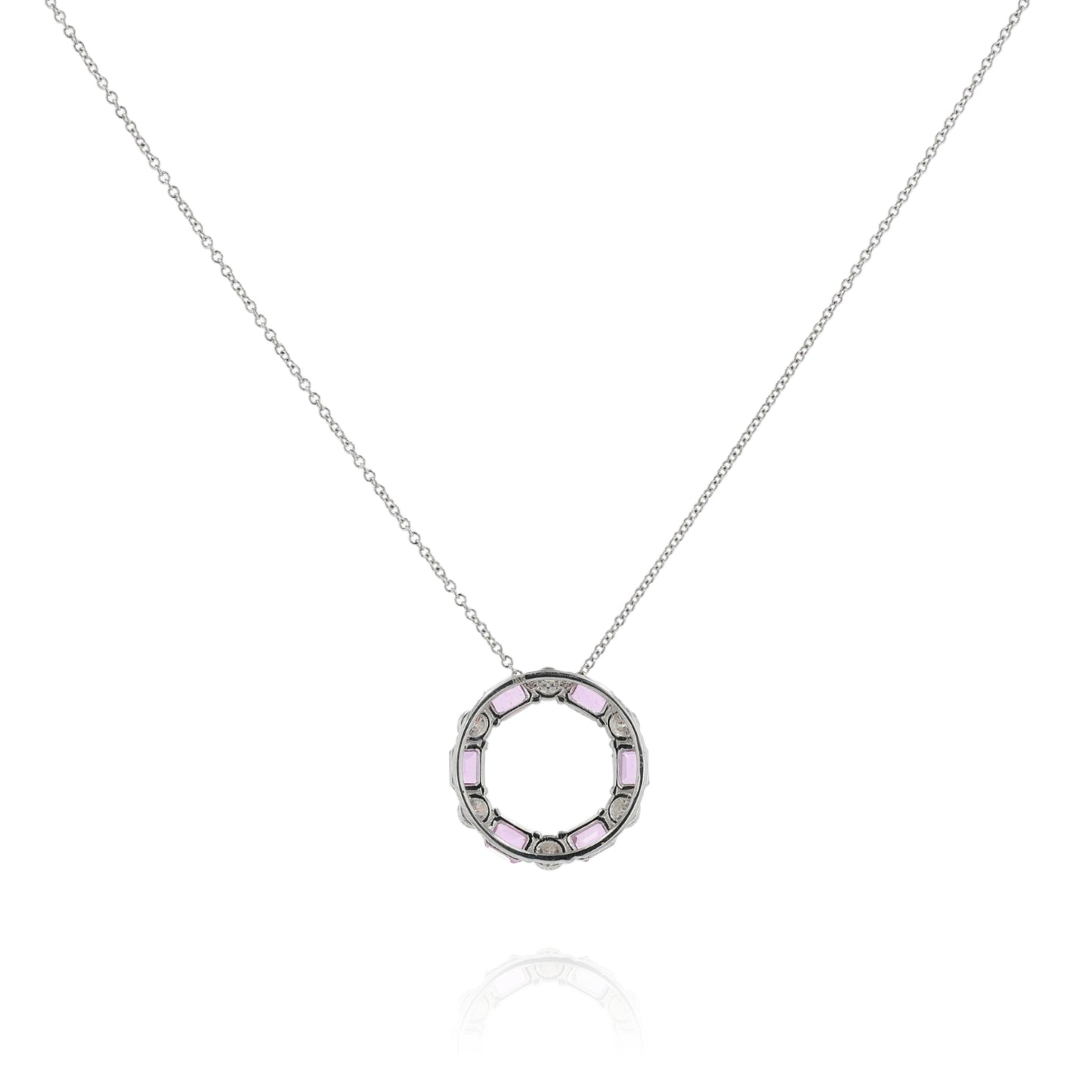 18k White Gold Open Circle Alternating Pink Sapphire and Diamond Pendant Necklace