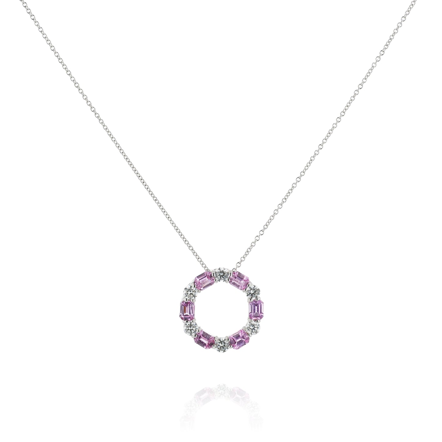 18k White Gold Open Circle Alternating Pink Sapphire and Diamond Pendant Necklace
