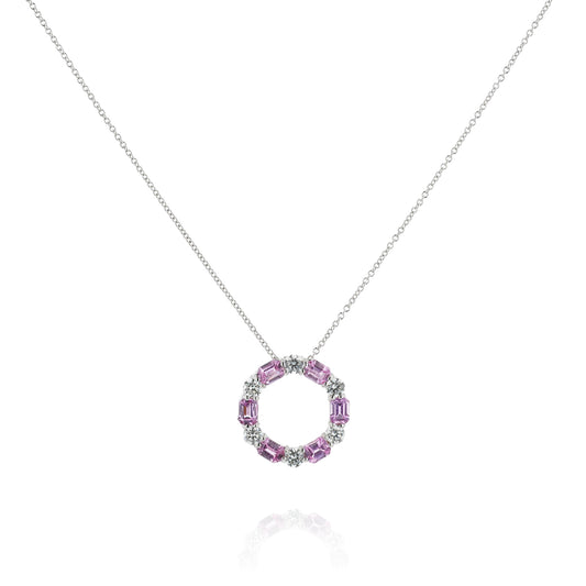 18k White Gold Open Circle Alternating Pink Sapphire and Diamond Pendant Necklace