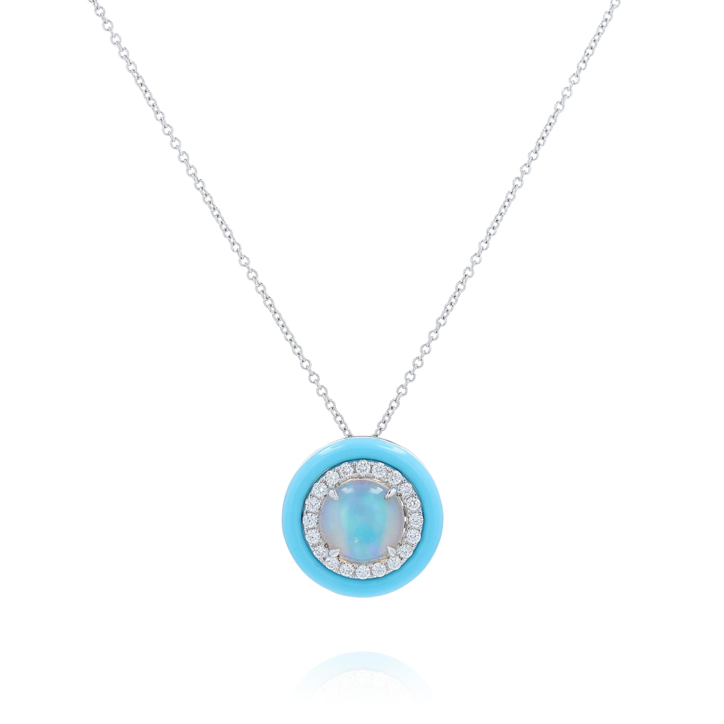 White gold turquoise frame opal and diamond halo pendant necklace