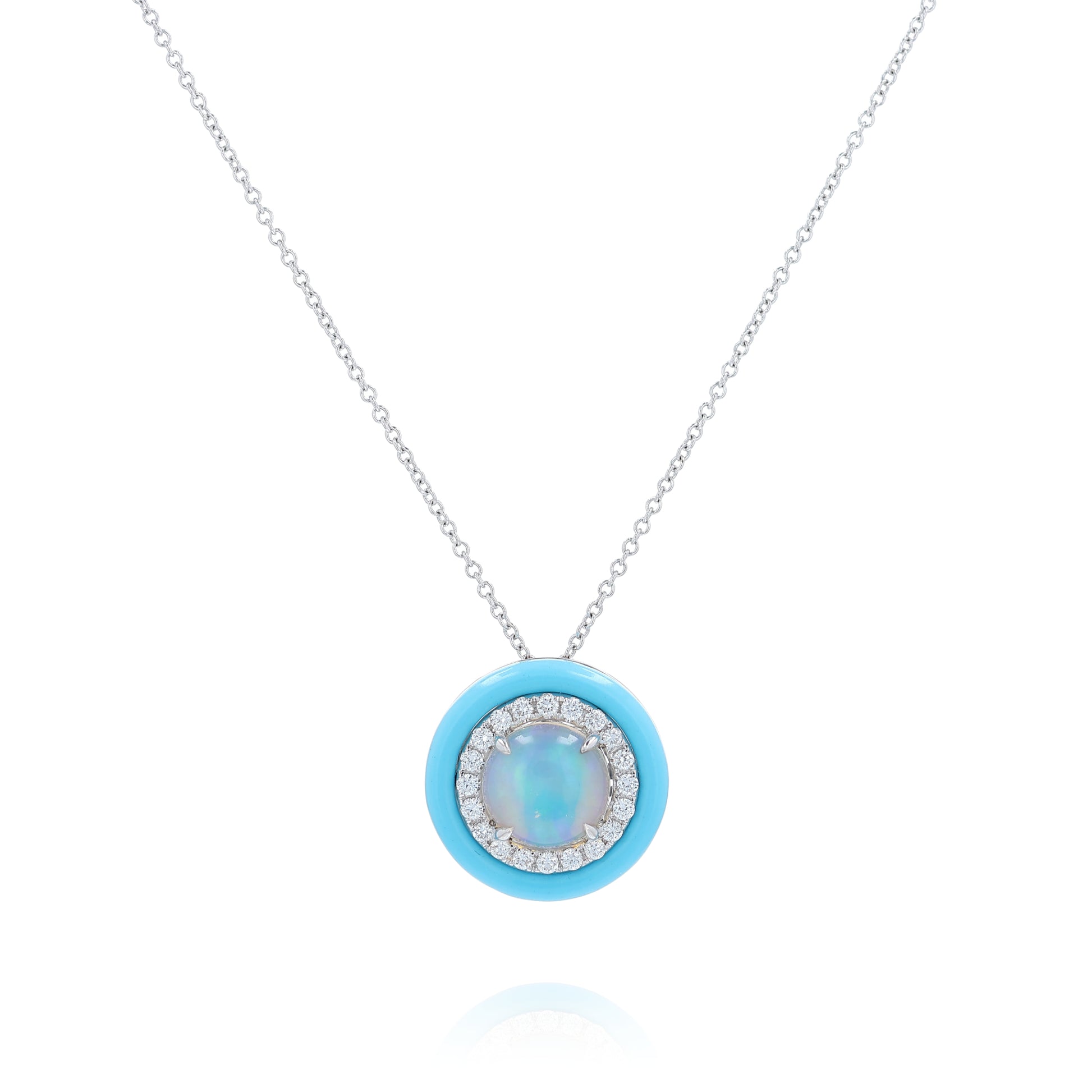 White gold turquoise frame opal and diamond halo pendant necklace