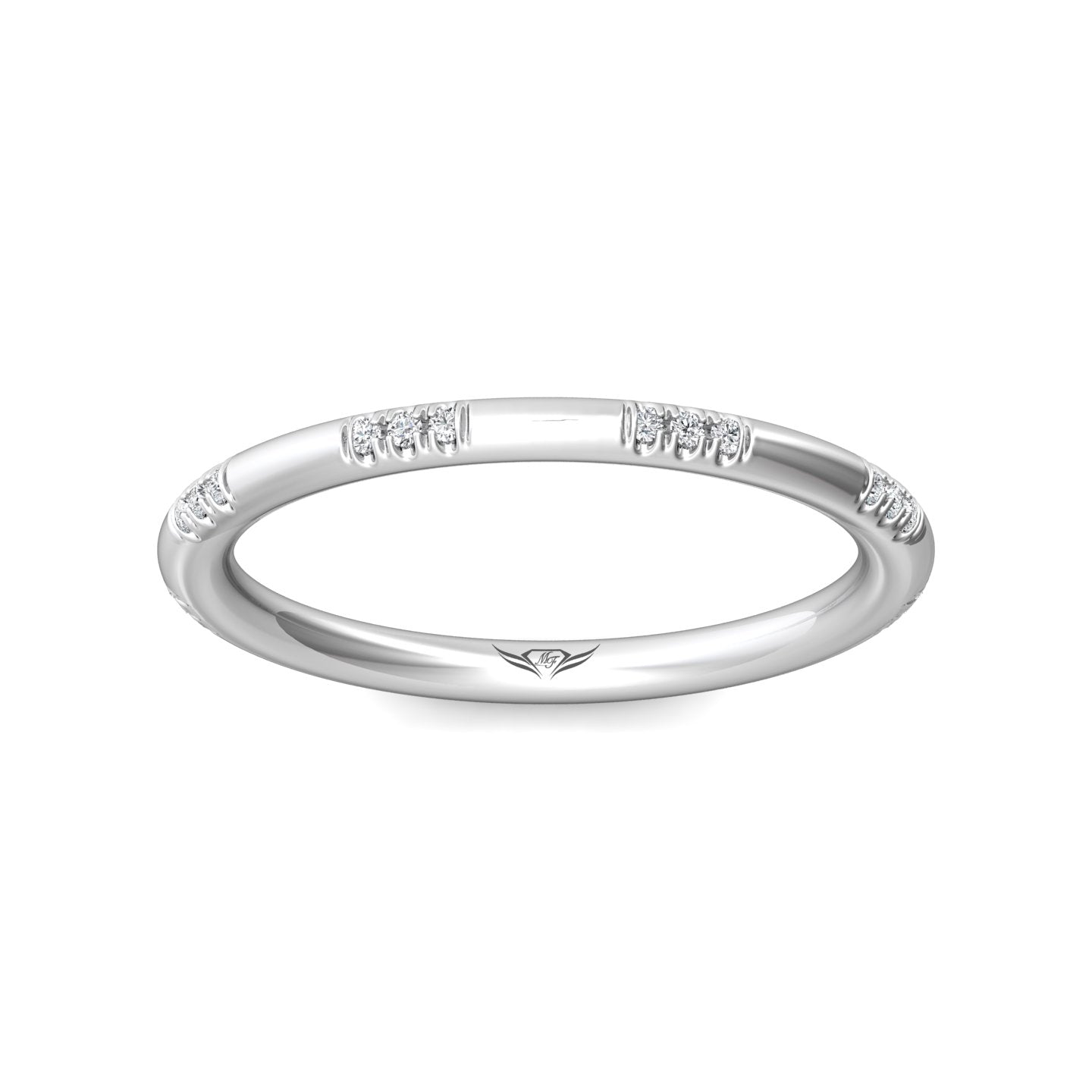 Silver ring with engraved text on a white background