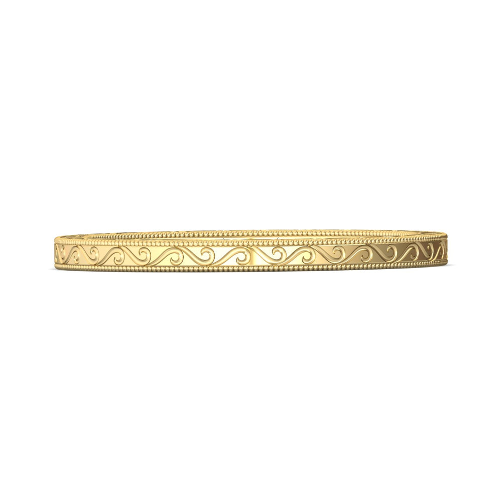 Gold bracelet with intricate design on a white background