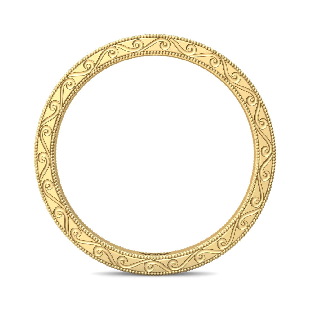 A circular gold picture frame with an ornate scrollwork pattern and beaded inner border, shown on a clean white background with a soft shadow underneath.