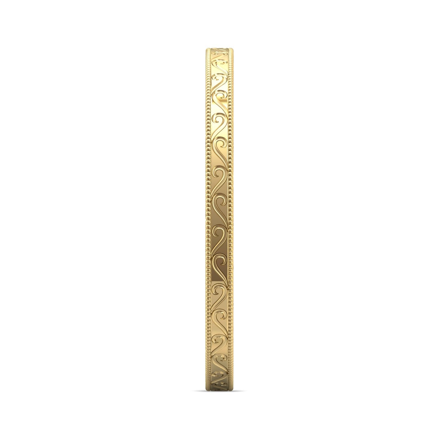 A slim gold bangle bracelet with an engraved floral scroll pattern, shown vertically against a plain white background.