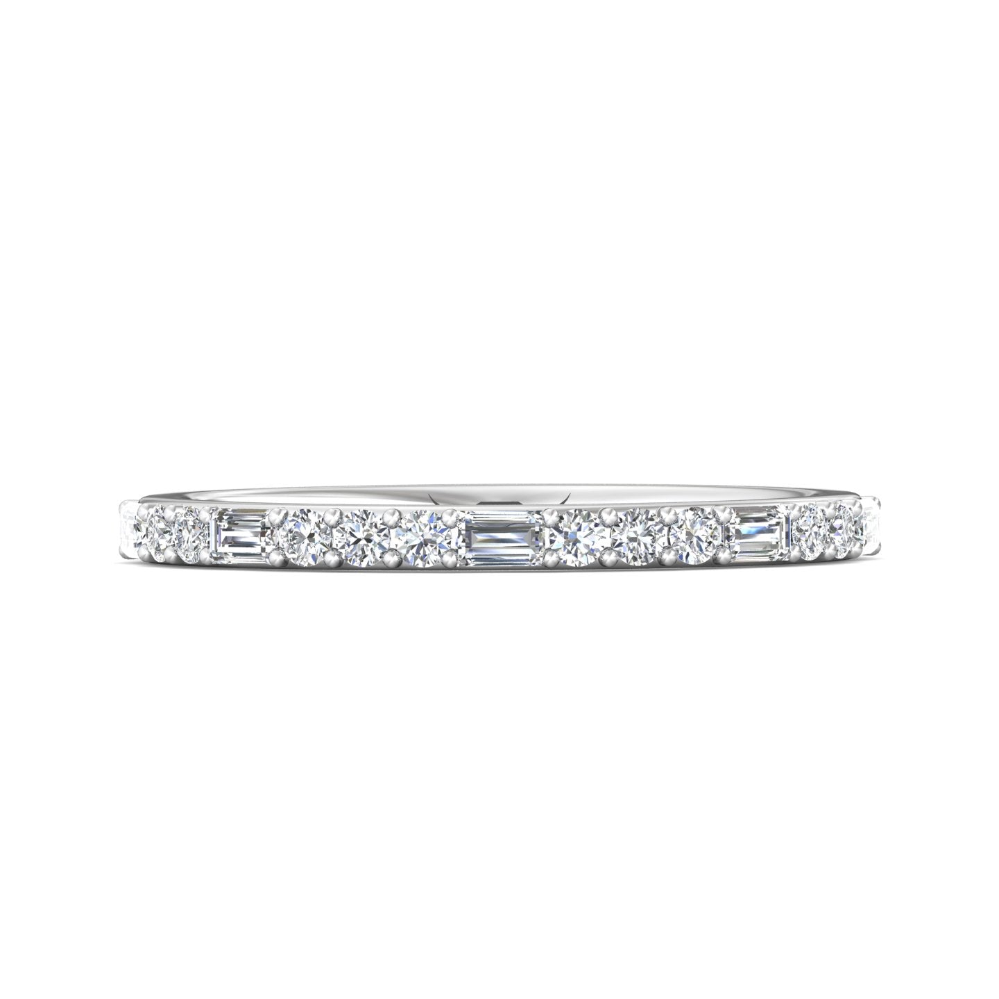 Diamond ring with baguette and round cut diamonds on a white background
