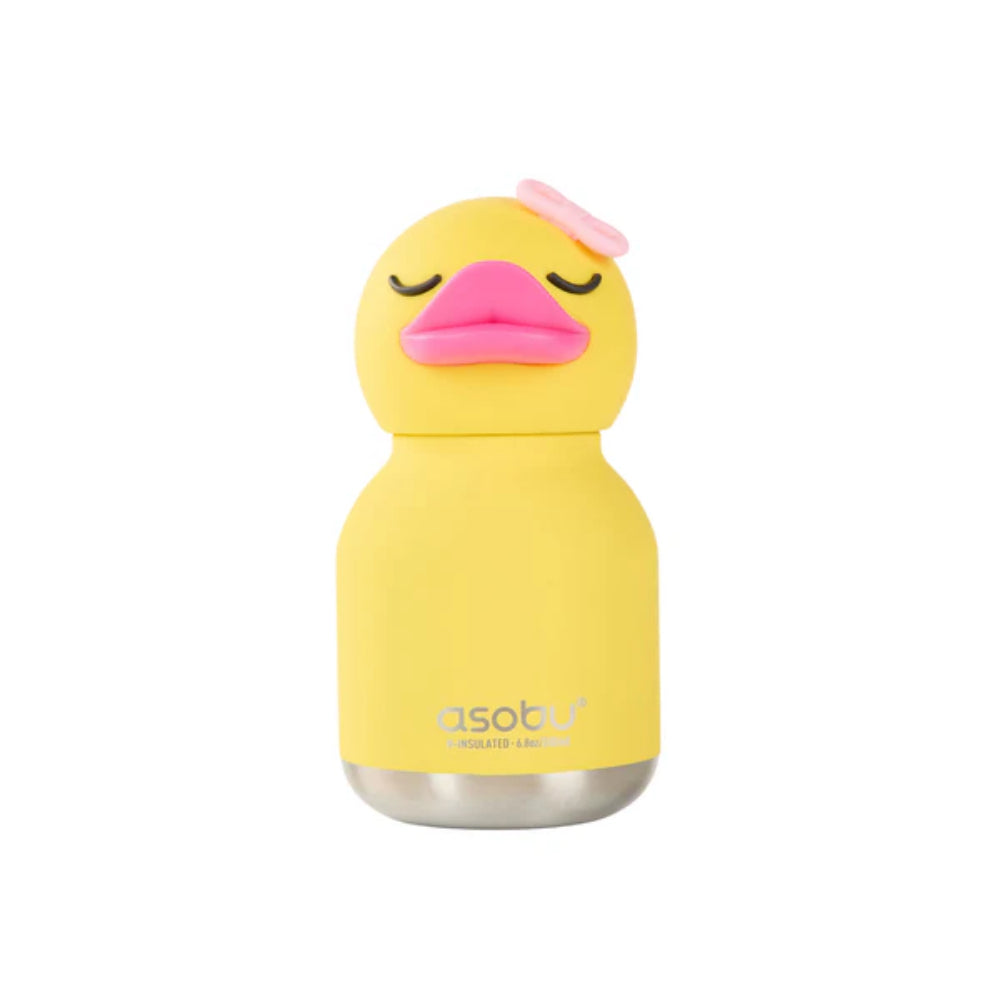 Yellow duck-shaped bottle on a white background