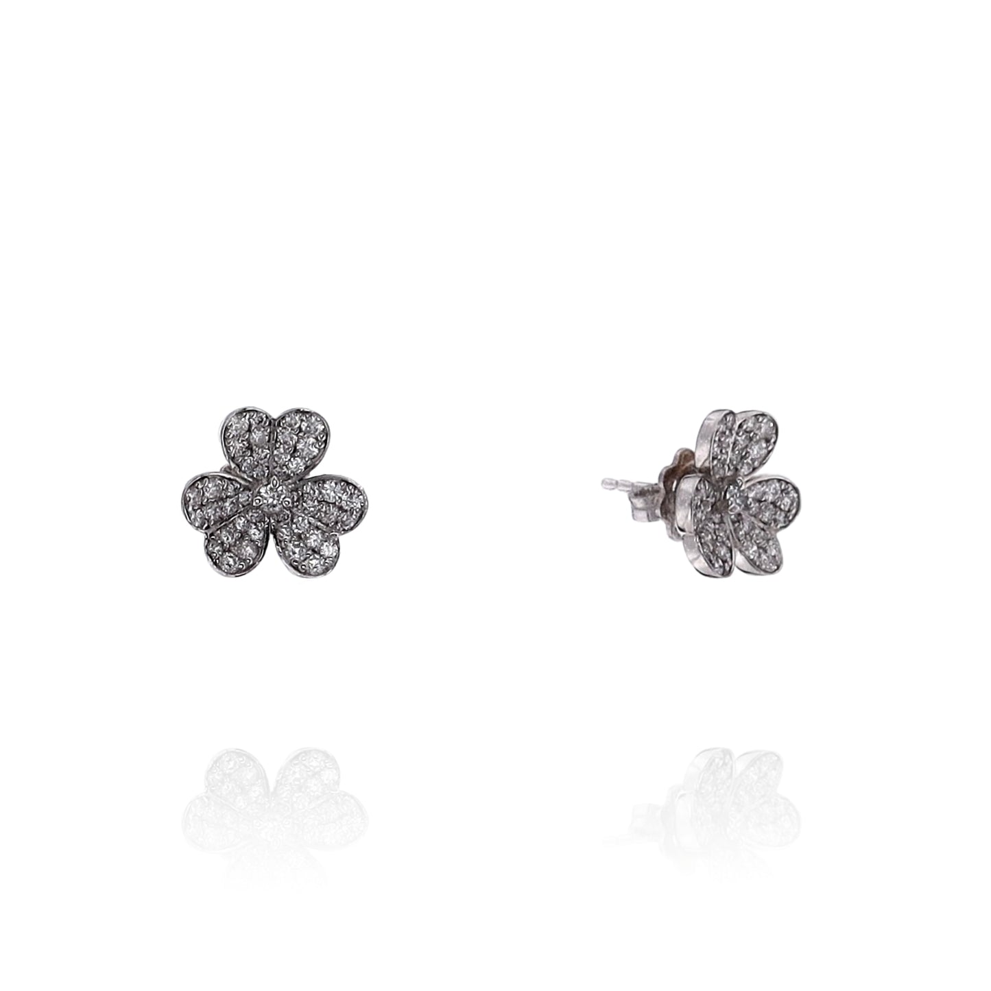 14k White Gold Floral Clover Design Pave Diamond Stud Earrings