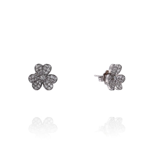 14k White Gold Floral Clover Design Pave Diamond Stud Earrings