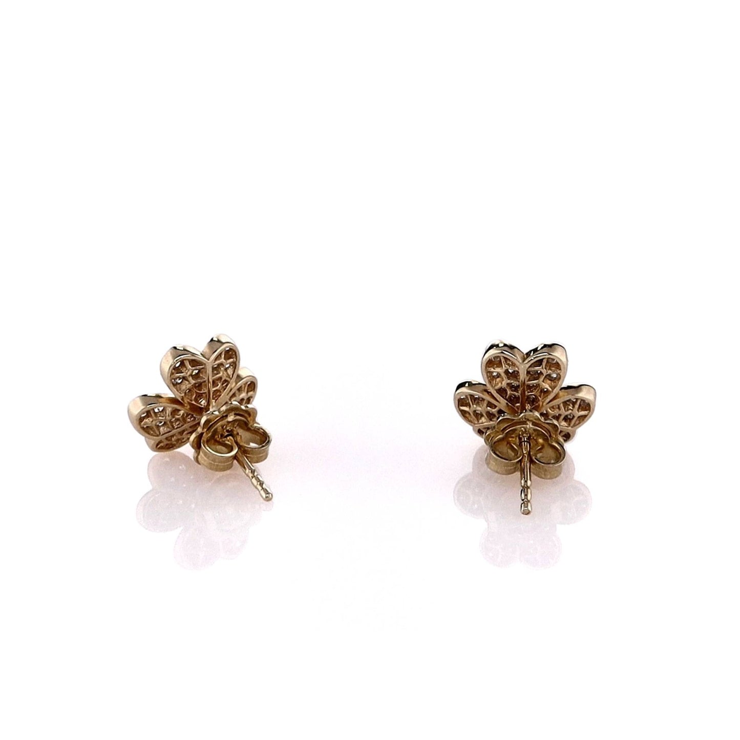 14k Yellow Gold Floral Clover Pave Stud Earrings