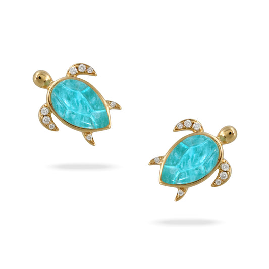 Doves 18k Gold Amazonite and Diamond Turtle Stud Earrings