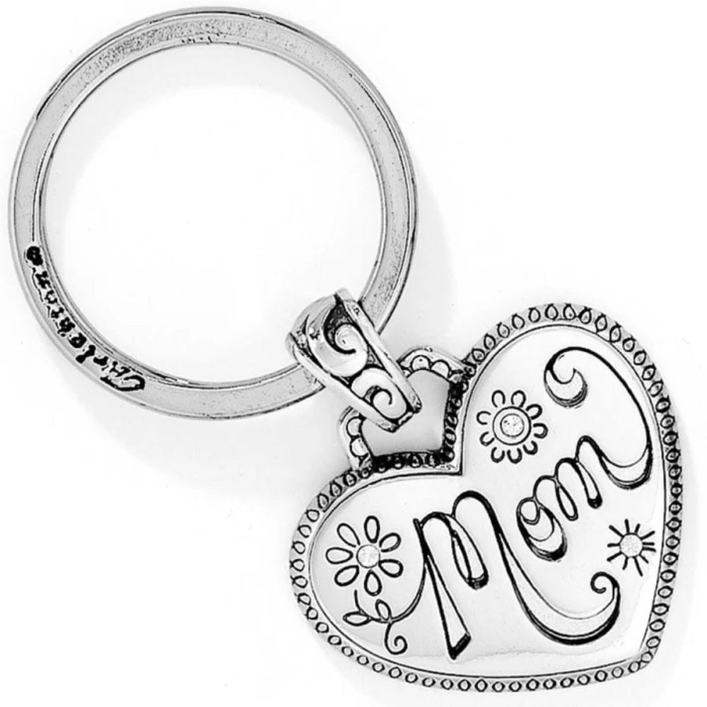 Silver keychain with 'Mom' engraved on a white background
